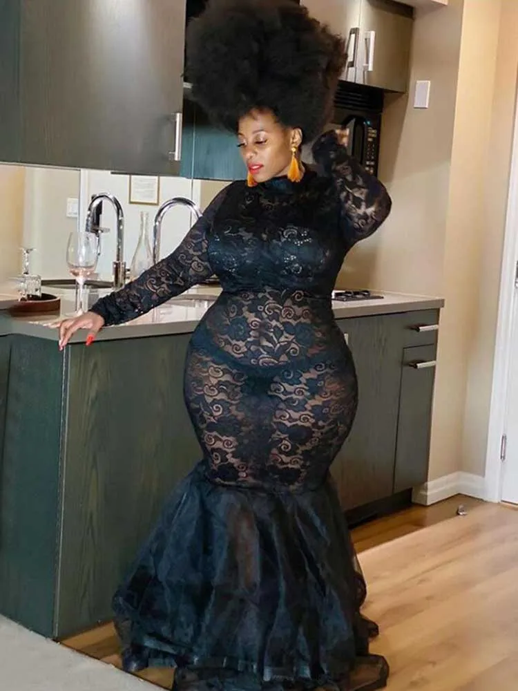 Lace Sleeve Evening Dresses Women Sexy and Elegant Mesh Hollow Package Hip Dress Night Club Party Autumn Long Dress Plus Size