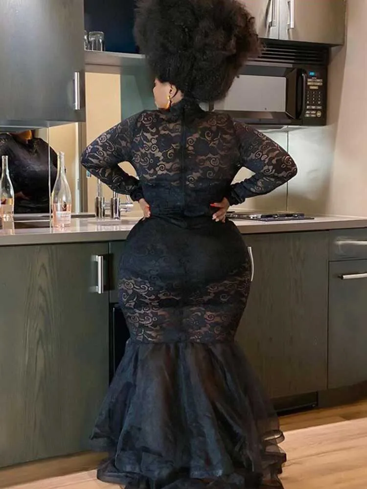 Lace Sleeve Evening Dresses Women Sexy and Elegant Mesh Hollow Package Hip Dress Night Club Party Autumn Long Dress Plus Size