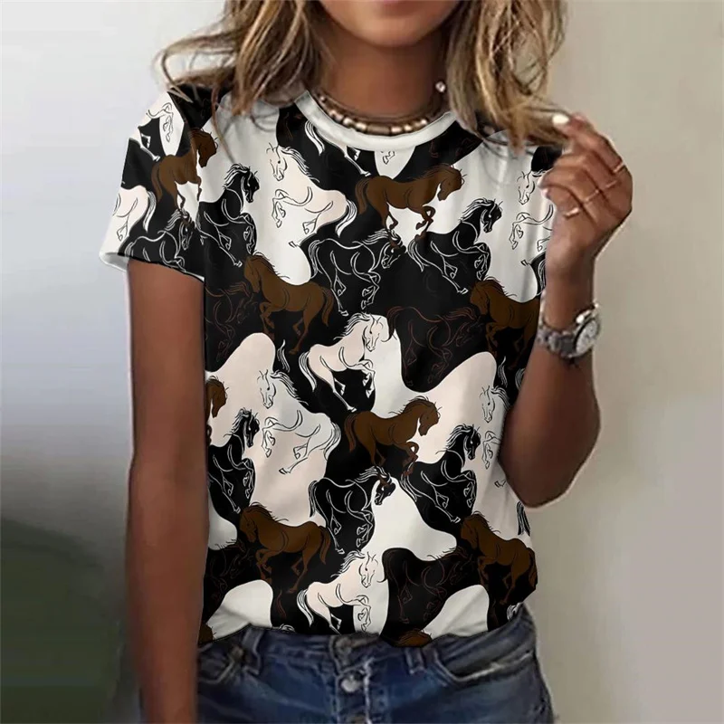 3D Printed Cowboy Horse T-Shirt For Women Colorful Animal Graphic T Shirts Summer Loose Tees Short Sleeves Round Neck Tops