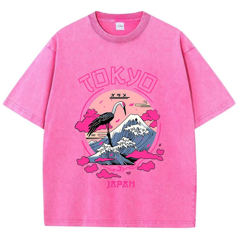 Vintage Womens Acid Wash T-Shirts Tokyo Harajuku Printing Tees Crewneck Cotton Oversized Short Sleeve Fashion Female Clothes