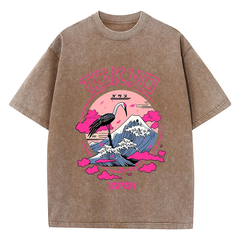 Vintage Womens Acid Wash T-Shirts Tokyo Harajuku Printing Tees Crewneck Cotton Oversized Short Sleeve Fashion Female Clothes