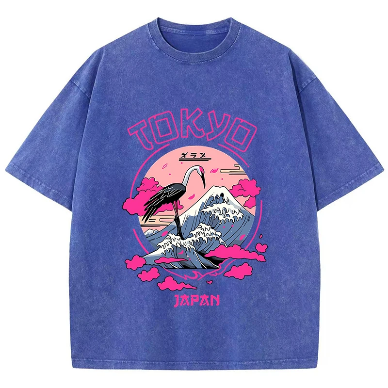 Vintage Womens Acid Wash T-Shirts Tokyo Harajuku Printing Tees Crewneck Cotton Oversized Short Sleeve Fashion Female Clothes
