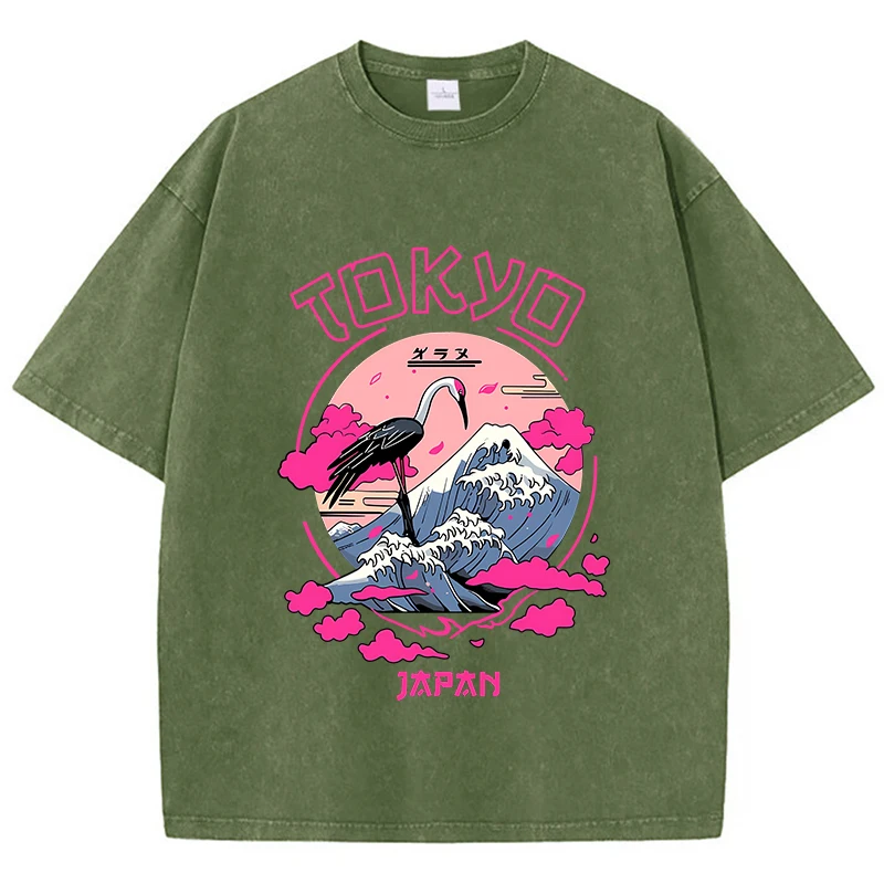 Vintage Womens Acid Wash T-Shirts Tokyo Harajuku Printing Tees Crewneck Cotton Oversized Short Sleeve Fashion Female Clothes