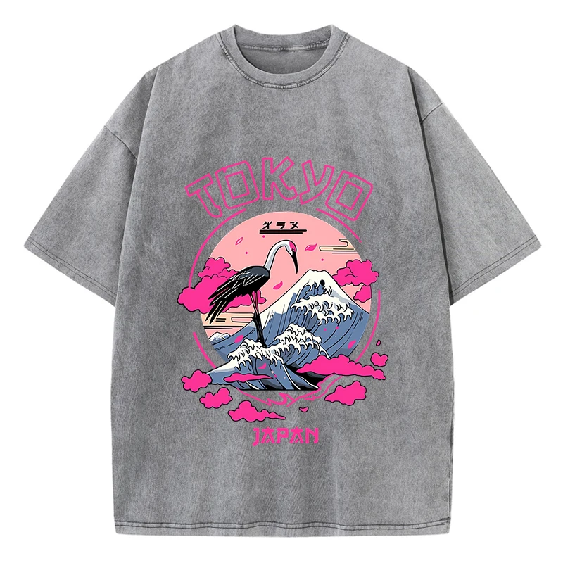 Vintage Womens Acid Wash T-Shirts Tokyo Harajuku Printing Tees Crewneck Cotton Oversized Short Sleeve Fashion Female Clothes