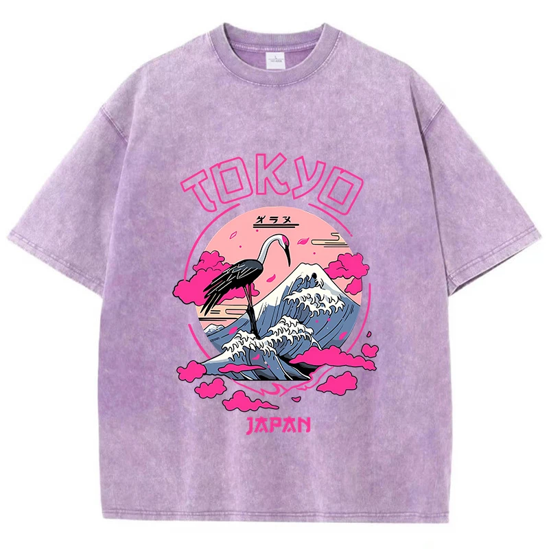 Vintage Womens Acid Wash T-Shirts Tokyo Harajuku Printing Tees Crewneck Cotton Oversized Short Sleeve Fashion Female Clothes