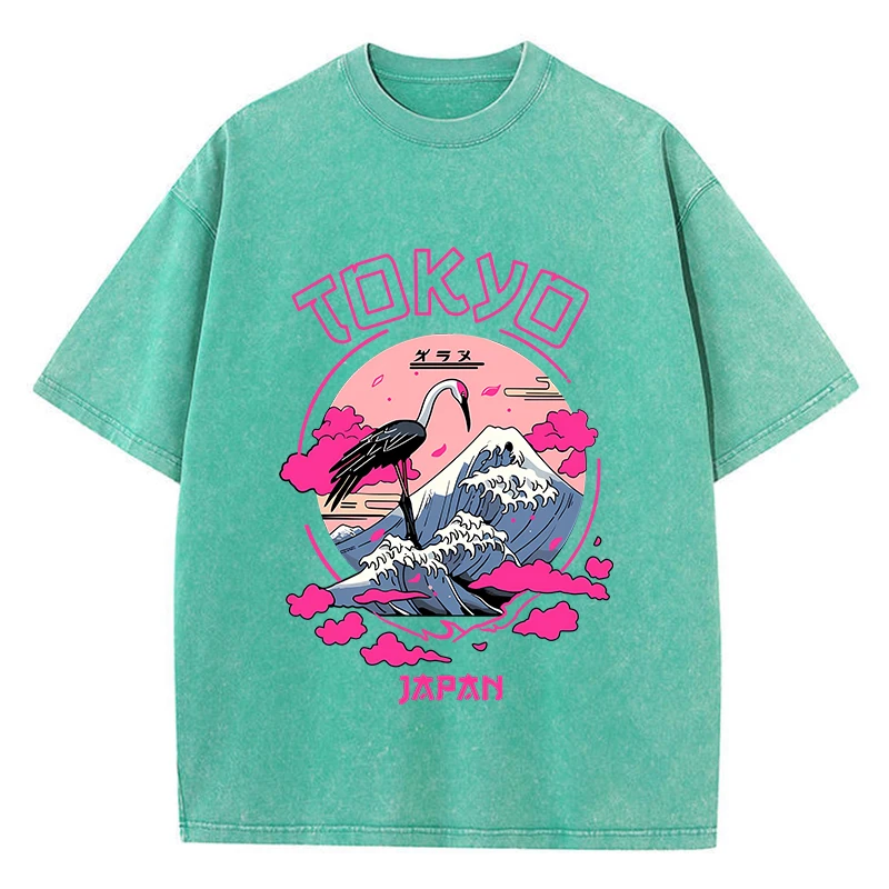 Vintage Womens Acid Wash T-Shirts Tokyo Harajuku Printing Tees Crewneck Cotton Oversized Short Sleeve Fashion Female Clothes