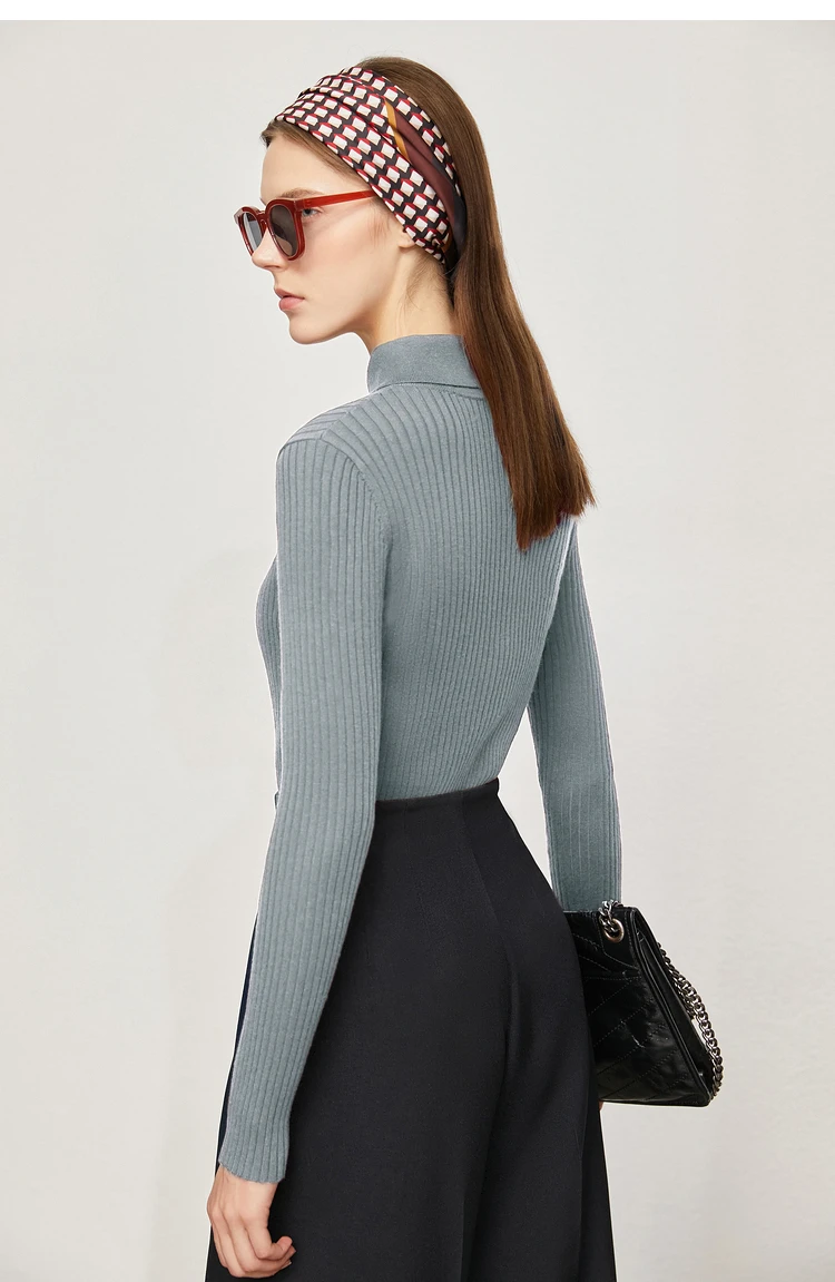 Amii Minimalism 2024 Sweater for Women Autumn New Office Lady Basic Lapel Striped Slim Knitted Tops Solid Trendy Blouse 12444058