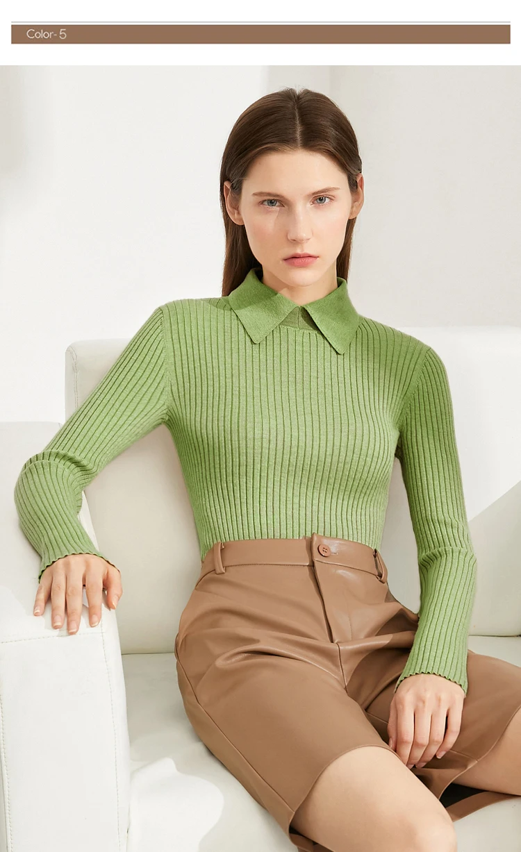 Amii Minimalism 2024 Sweater for Women Autumn New Office Lady Basic Lapel Striped Slim Knitted Tops Solid Trendy Blouse 12444058