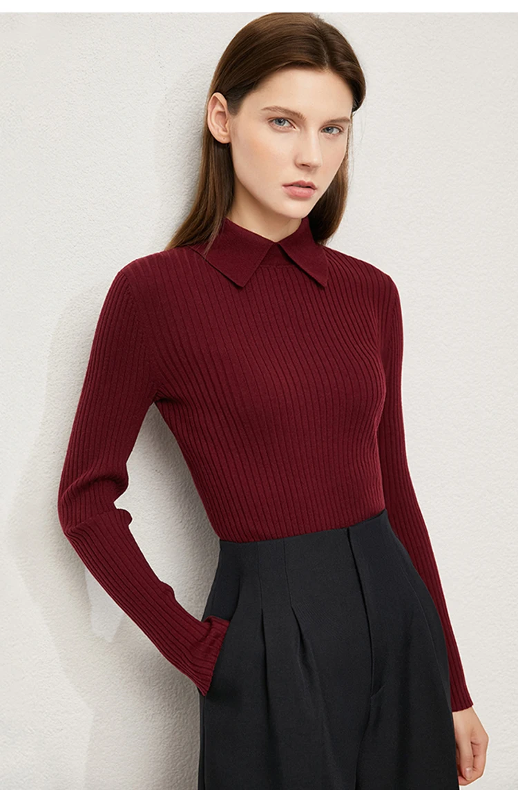 Amii Minimalism 2024 Sweater for Women Autumn New Office Lady Basic Lapel Striped Slim Knitted Tops Solid Trendy Blouse 12444058