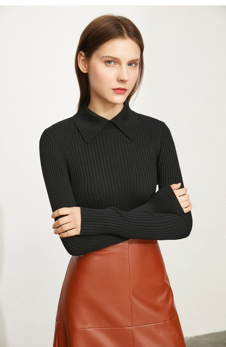 Amii Minimalism 2024 Sweater for Women Autumn New Office Lady Basic Lapel Striped Slim Knitted Tops Solid Trendy Blouse 12444058