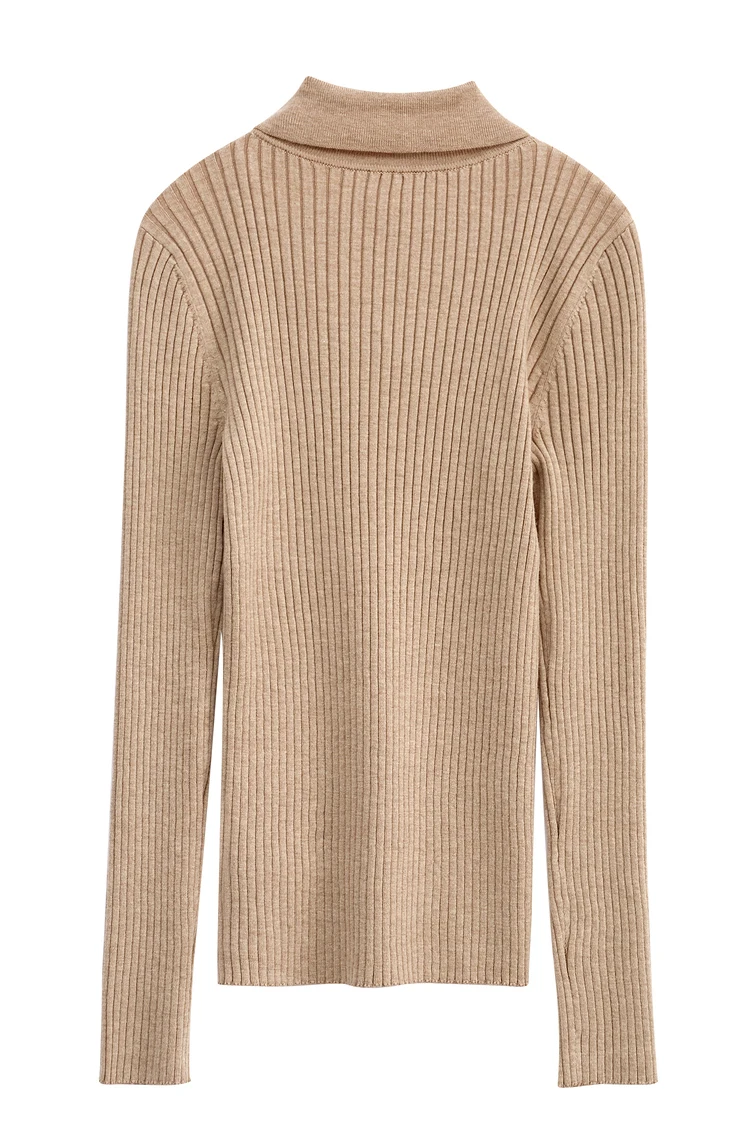 Amii Minimalism 2024 Sweater for Women Autumn New Office Lady Basic Lapel Striped Slim Knitted Tops Solid Trendy Blouse 12444058