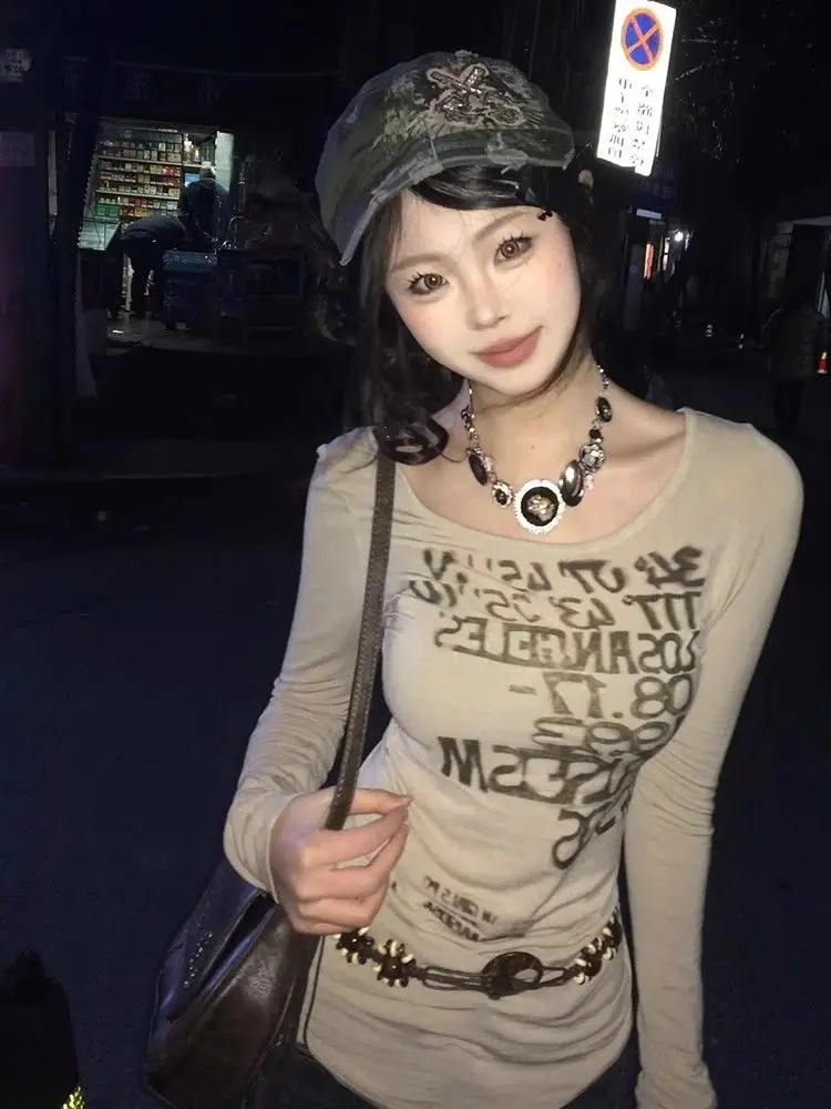 Tonngirls Y2k Vintage T Shirt Women Print Letter Tee Tops Skinny 2000s Japanese Autumn Streetwear Grunge Tops Fairycore Tshirts