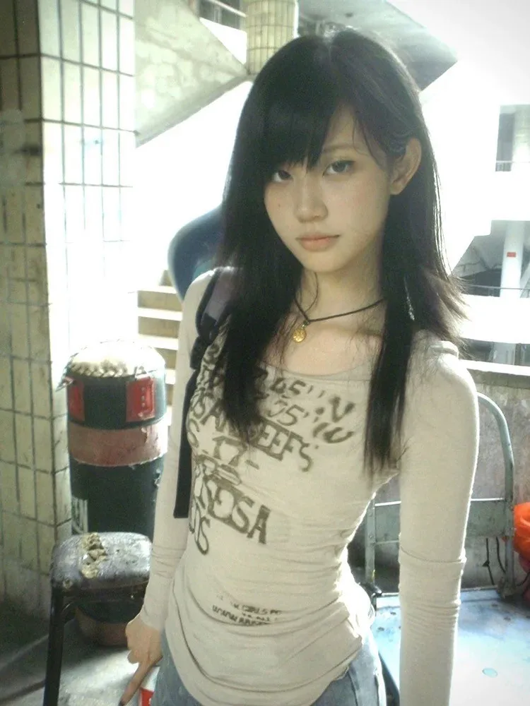 Tonngirls Y2k Vintage T Shirt Women Print Letter Tee Tops Skinny 2000s Japanese Autumn Streetwear Grunge Tops Fairycore Tshirts