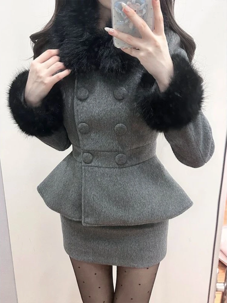 French Winter Fashion Elegant Slim 2-piece Set Women High Street Design Solid Long Sleeve Coat + High Waist Skirt Suit 2025 New