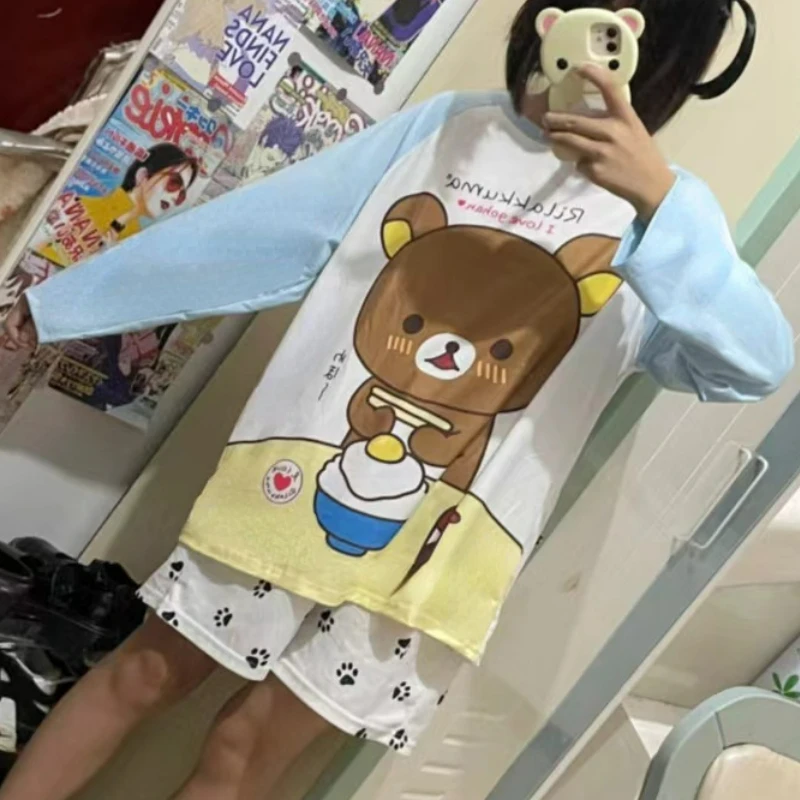 Japanese Kawaii Lolita T Shirts Cartoon Bear Print Loose T-shirt Women Aesthetic Harajuku Grunge O Neck Casual Long Sleeves Tops