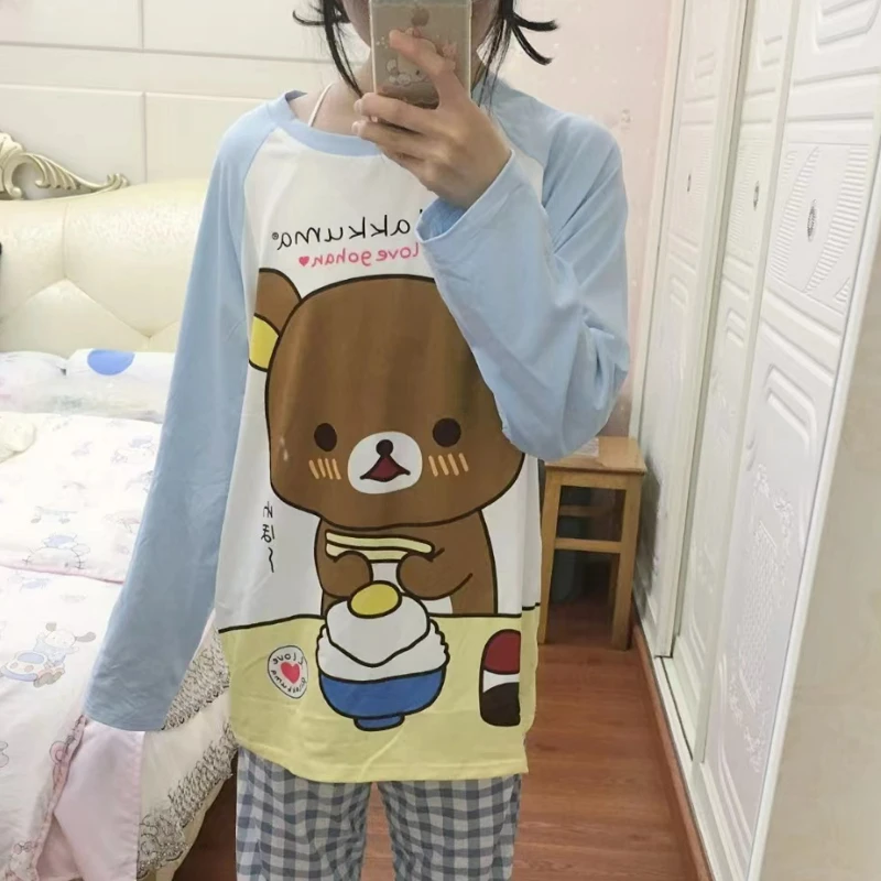 Japanese Kawaii Lolita T Shirts Cartoon Bear Print Loose T-shirt Women Aesthetic Harajuku Grunge O Neck Casual Long Sleeves Tops