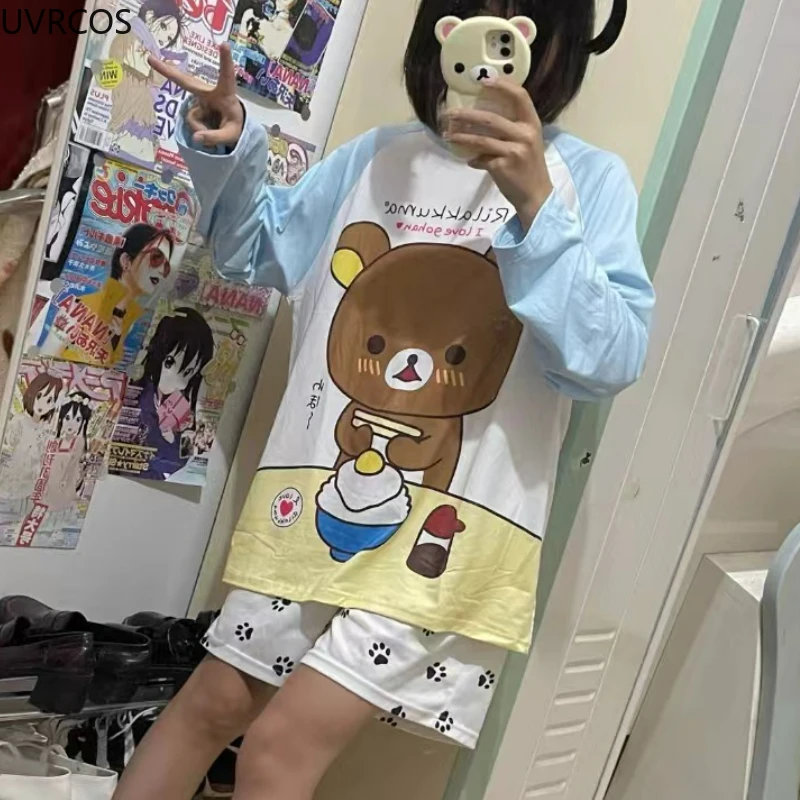 Japanese Kawaii Lolita T Shirts Cartoon Bear Print Loose T-shirt Women Aesthetic Harajuku Grunge O Neck Casual Long Sleeves Tops