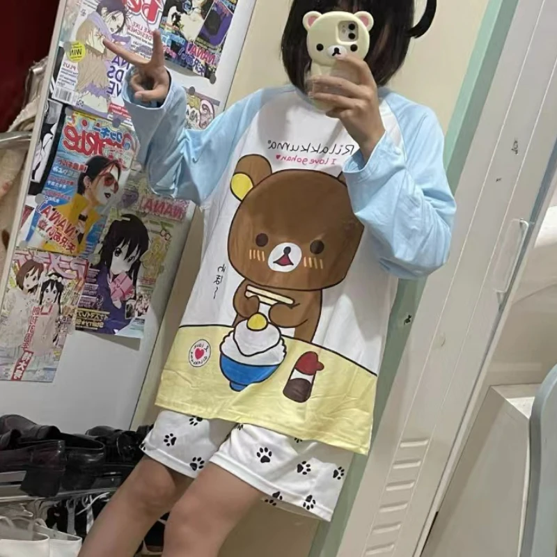Japanese Kawaii Lolita T Shirts Cartoon Bear Print Loose T-shirt Women Aesthetic Harajuku Grunge O Neck Casual Long Sleeves Tops