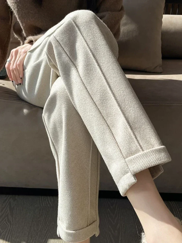 High-waisted Tweed Straight Pants 2024 Autumn/Winter New Women' S Pants Loose Casual Herringbone Warm Thickened Cropped Pants
