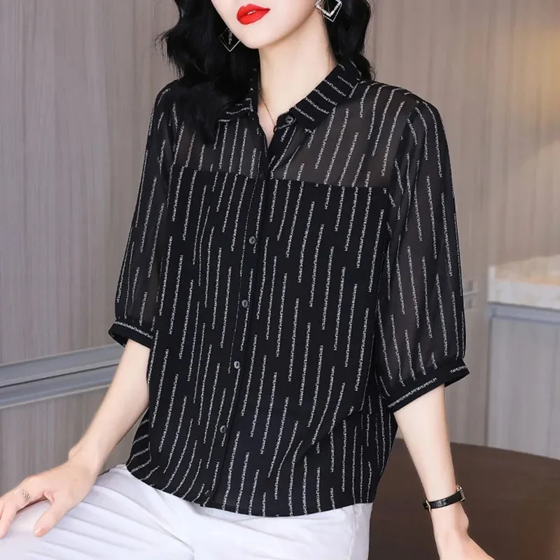2024 Spring New High end Western style Seven Sleeve Chiffon Shirt for Women Reducing Age Covering Belly Mother's Temperament Top