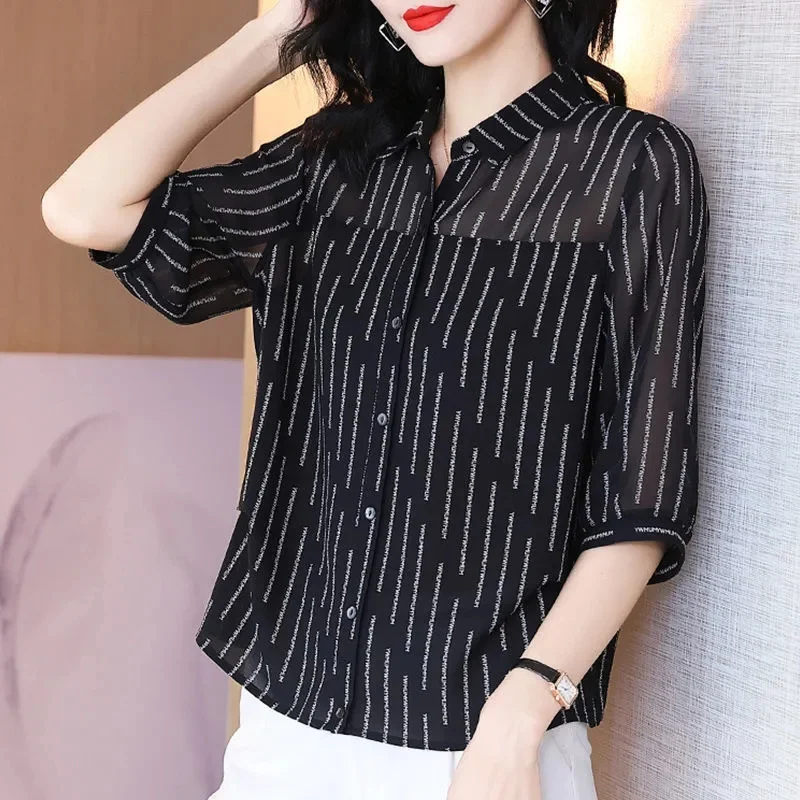 2024 Spring New High end Western style Seven Sleeve Chiffon Shirt for Women Reducing Age Covering Belly Mother's Temperament Top