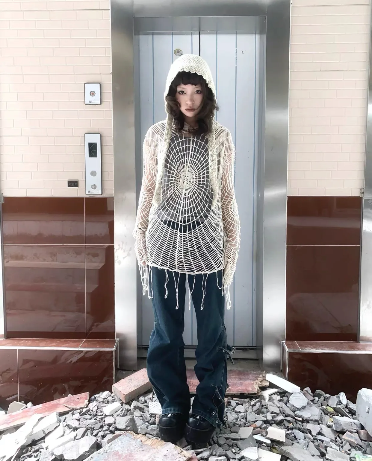 Karrram Japanese Y2k Hollow Out Knitted Top Trashy 2000s Style Spider Web Pullover Vintage Harajuku Hole Hooded Knitwear Grunge