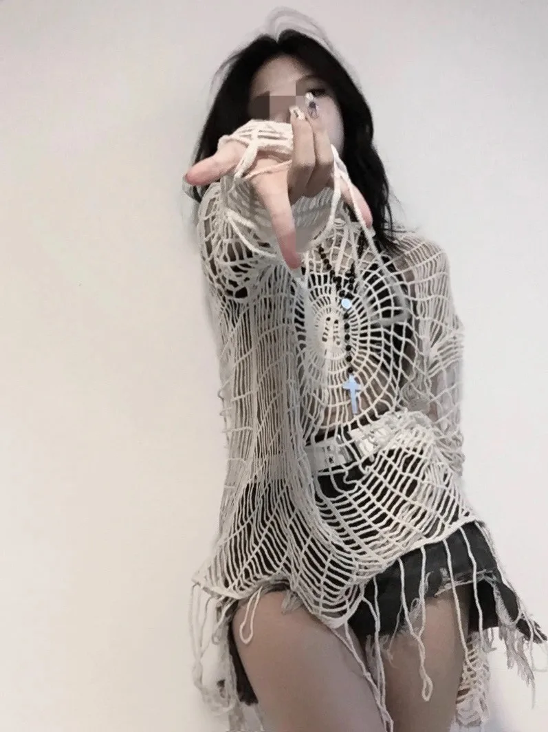 Karrram Japanese Y2k Hollow Out Knitted Top Trashy 2000s Style Spider Web Pullover Vintage Harajuku Hole Hooded Knitwear Grunge