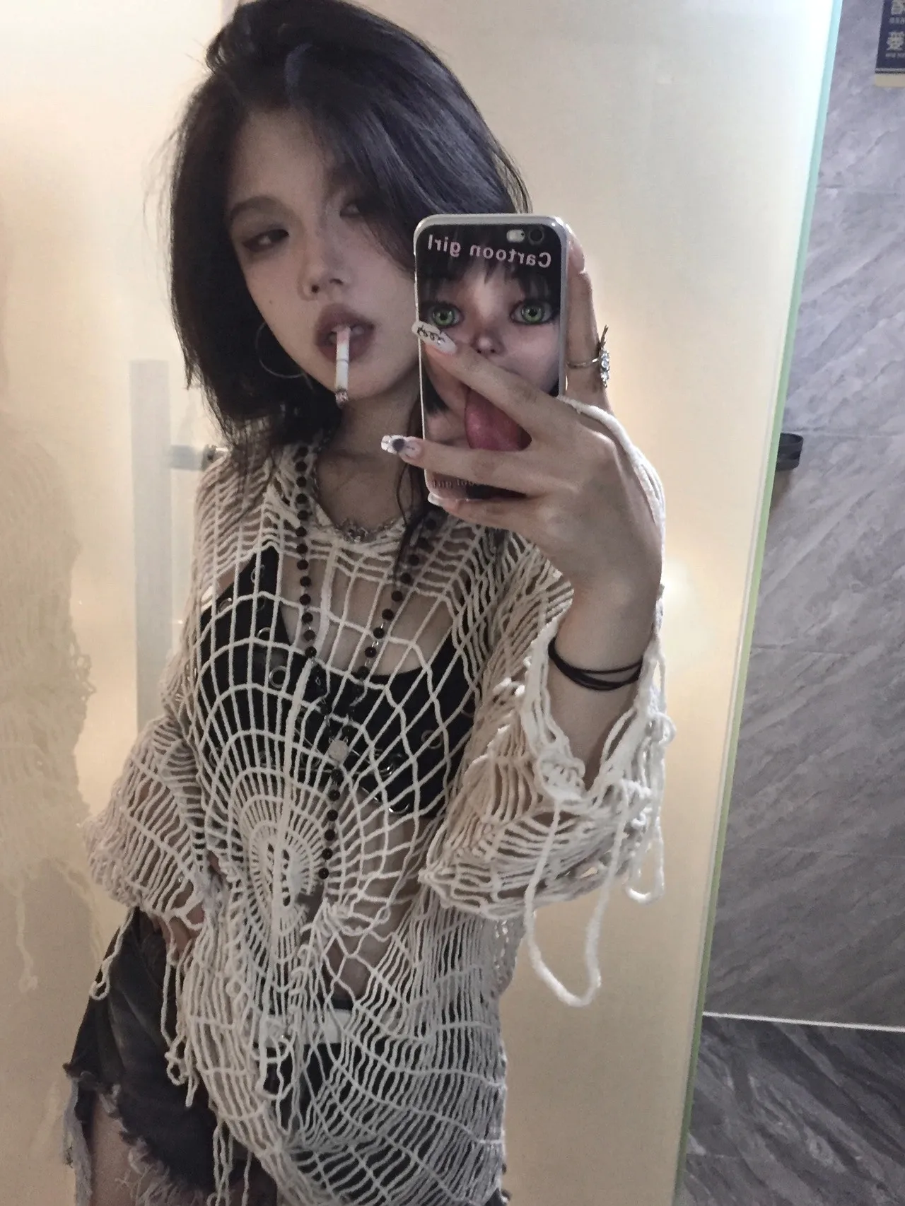 Karrram Japanese Y2k Hollow Out Knitted Top Trashy 2000s Style Spider Web Pullover Vintage Harajuku Hole Hooded Knitwear Grunge