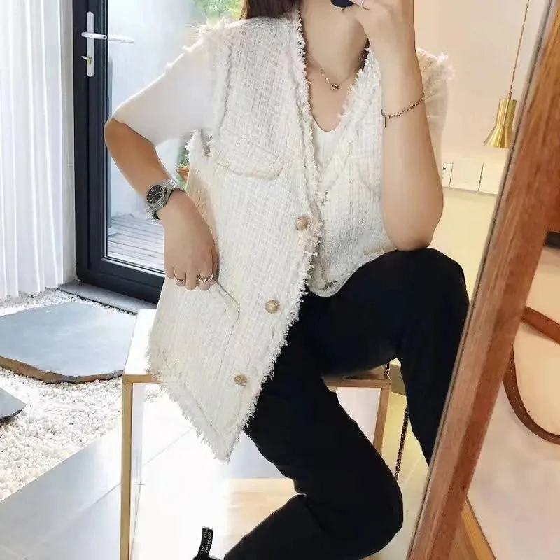 2025 Spring Autumn New Coarse Tweed Vest Fashion Women's Sleeveless Vest Coat Versatile Waistcoat Loose Female Tank Top Jacket