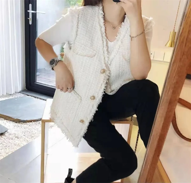 2025 Spring Autumn New Coarse Tweed Vest Fashion Women's Sleeveless Vest Coat Versatile Waistcoat Loose Female Tank Top Jacket