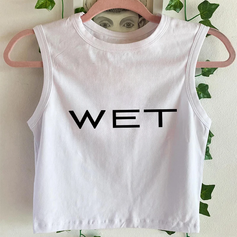 Wet Letter Print White Crop Top Shirt Y2k Streetwear Sexy Summer Clothes for Women Tank Tops 2024