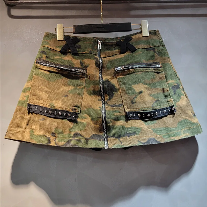 WTHT New Trendy Women's Patchwork Camouflage Denim Sling Tops High Waist Zipper Design A-line Skirts Female 2025 Summer 1LS1665