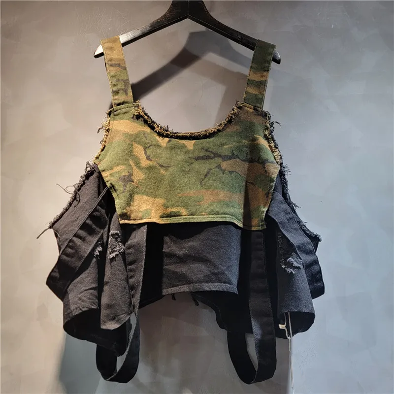 WTHT New Trendy Women's Patchwork Camouflage Denim Sling Tops High Waist Zipper Design A-line Skirts Female 2025 Summer 1LS1665