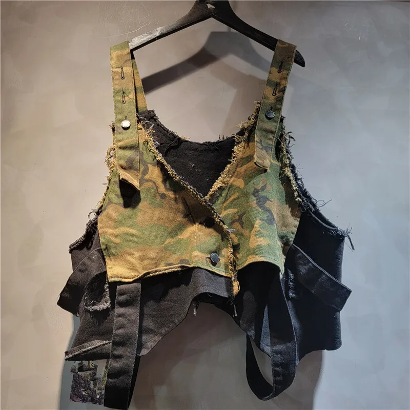 WTHT New Trendy Women's Patchwork Camouflage Denim Sling Tops High Waist Zipper Design A-line Skirts Female 2025 Summer 1LS1665