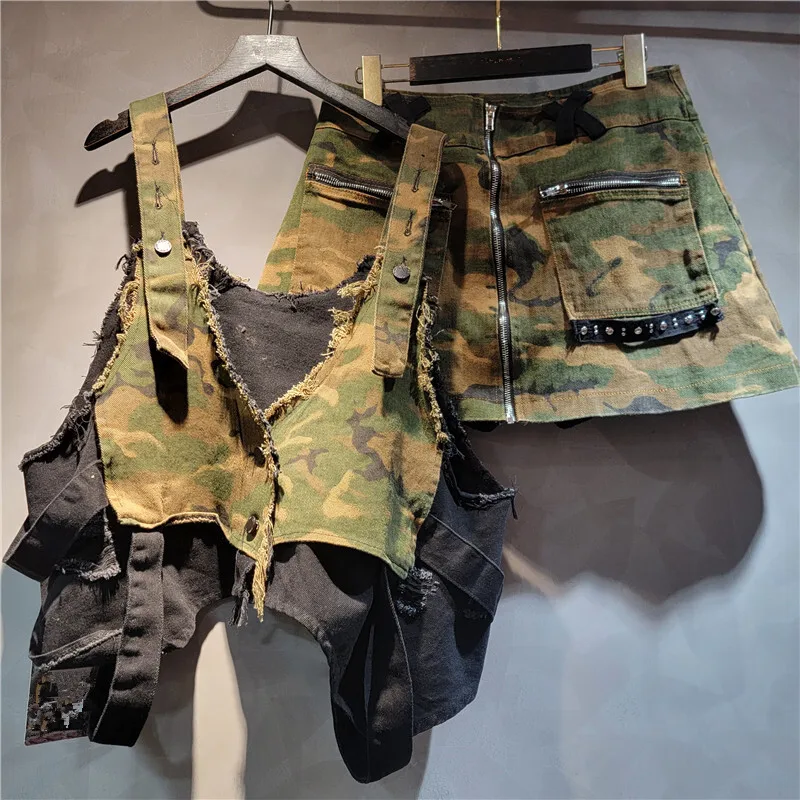 WTHT New Trendy Women's Patchwork Camouflage Denim Sling Tops High Waist Zipper Design A-line Skirts Female 2025 Summer 1LS1665