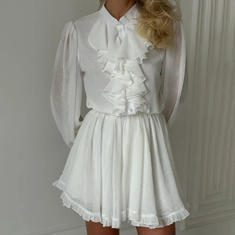 Tossy White Elegant Ruffled Mini Dress For Women Patchwork High Waist Long Sleeve See-Through Party Dress Female Spring Dress
