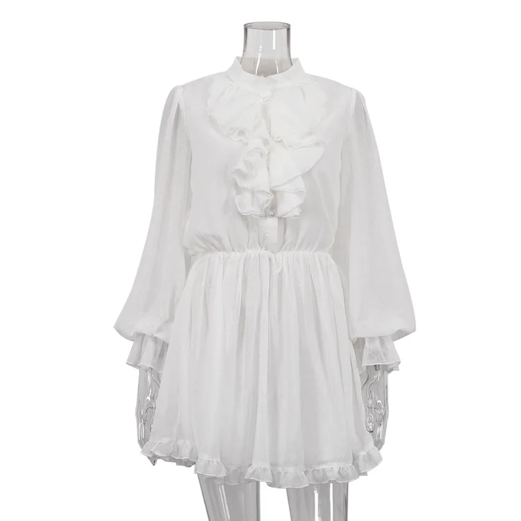 Tossy White Elegant Ruffled Mini Dress For Women Patchwork High Waist Long Sleeve See-Through Party Dress Female Spring Dress