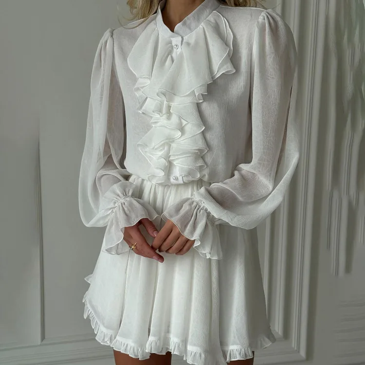 Tossy White Elegant Ruffled Mini Dress For Women Patchwork High Waist Long Sleeve See-Through Party Dress Female Spring Dress