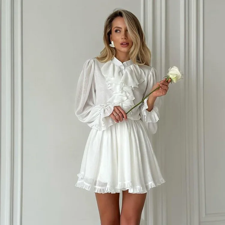 Tossy White Elegant Ruffled Mini Dress For Women Patchwork High Waist Long Sleeve See-Through Party Dress Female Spring Dress