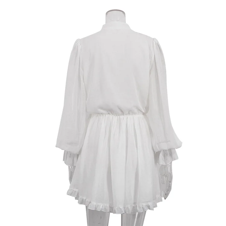 Tossy White Elegant Ruffled Mini Dress For Women Patchwork High Waist Long Sleeve See-Through Party Dress Female Spring Dress