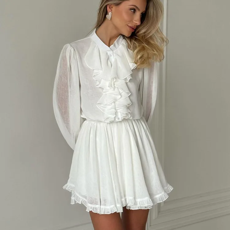 Tossy White Elegant Ruffled Mini Dress For Women Patchwork High Waist Long Sleeve See-Through Party Dress Female Spring Dress