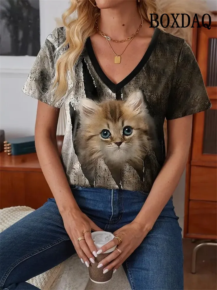Outdoor Women's T-Shirt Cute Cat Printed Short Sleeve Top Female Harajuku Tees Shirt Plus Size V-Neck Tops Animal Women Clothing