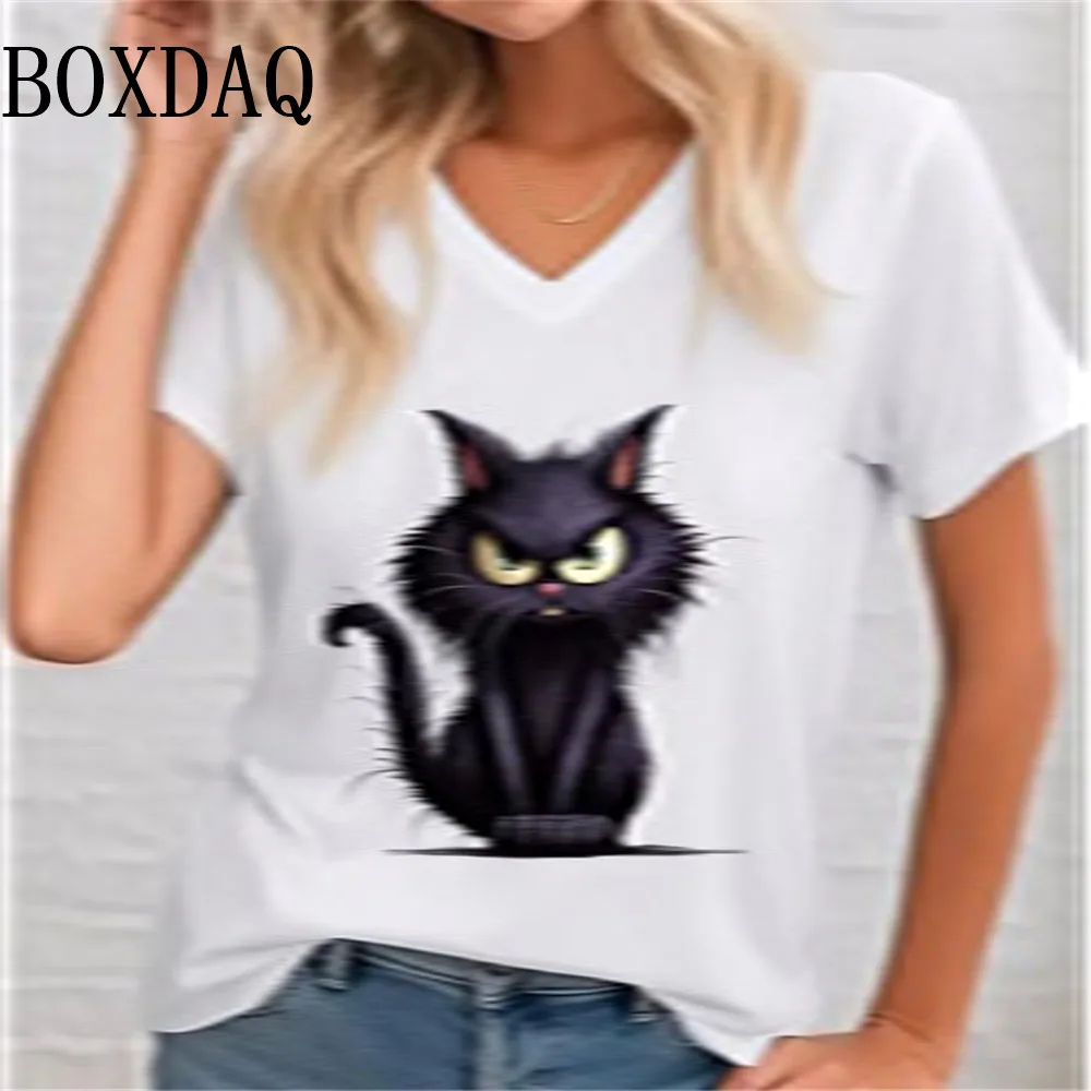 Outdoor Women's T-Shirt Cute Cat Printed Short Sleeve Top Female Harajuku Tees Shirt Plus Size V-Neck Tops Animal Women Clothing
