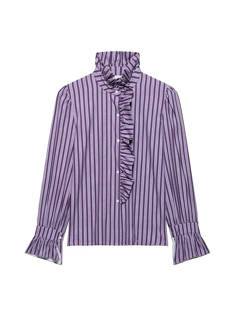 Sweet Women Ruffles Plaid Purple Shirts 2025 Fashion Ladies Casual Stand Collar Blouses for Party Female Elegant Tops Clothes