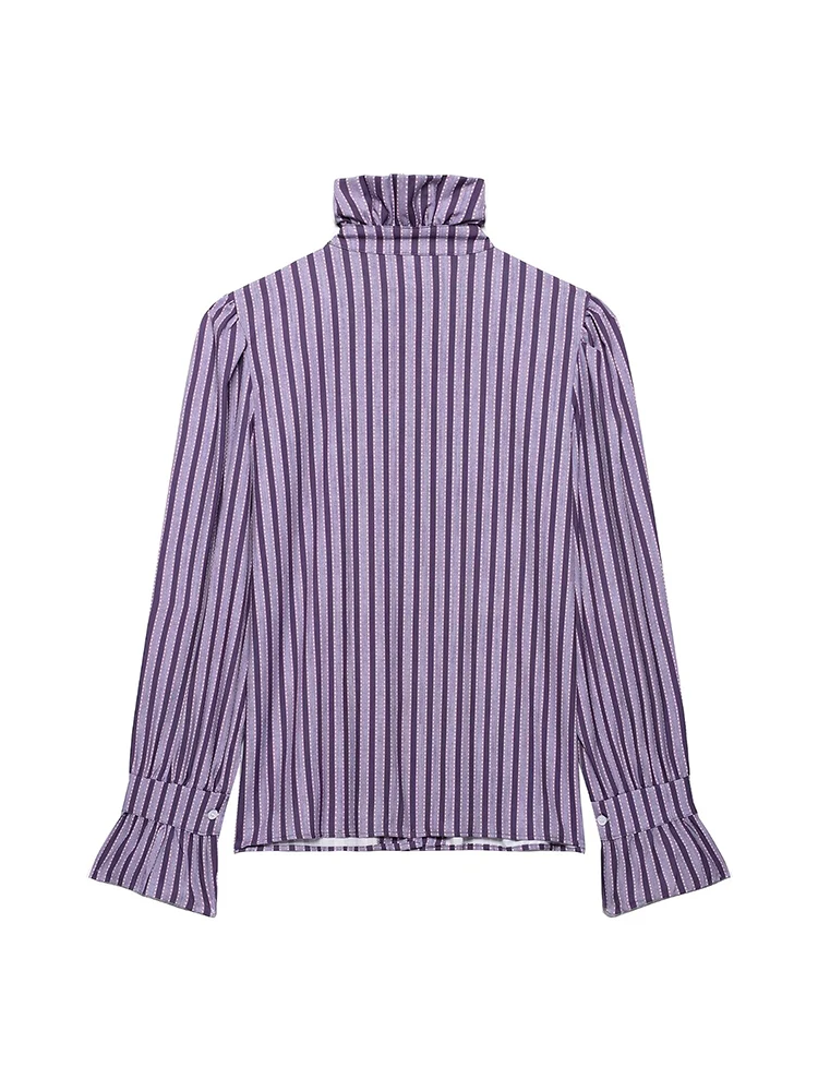 Sweet Women Ruffles Plaid Purple Shirts 2025 Fashion Ladies Casual Stand Collar Blouses for Party Female Elegant Tops Clothes