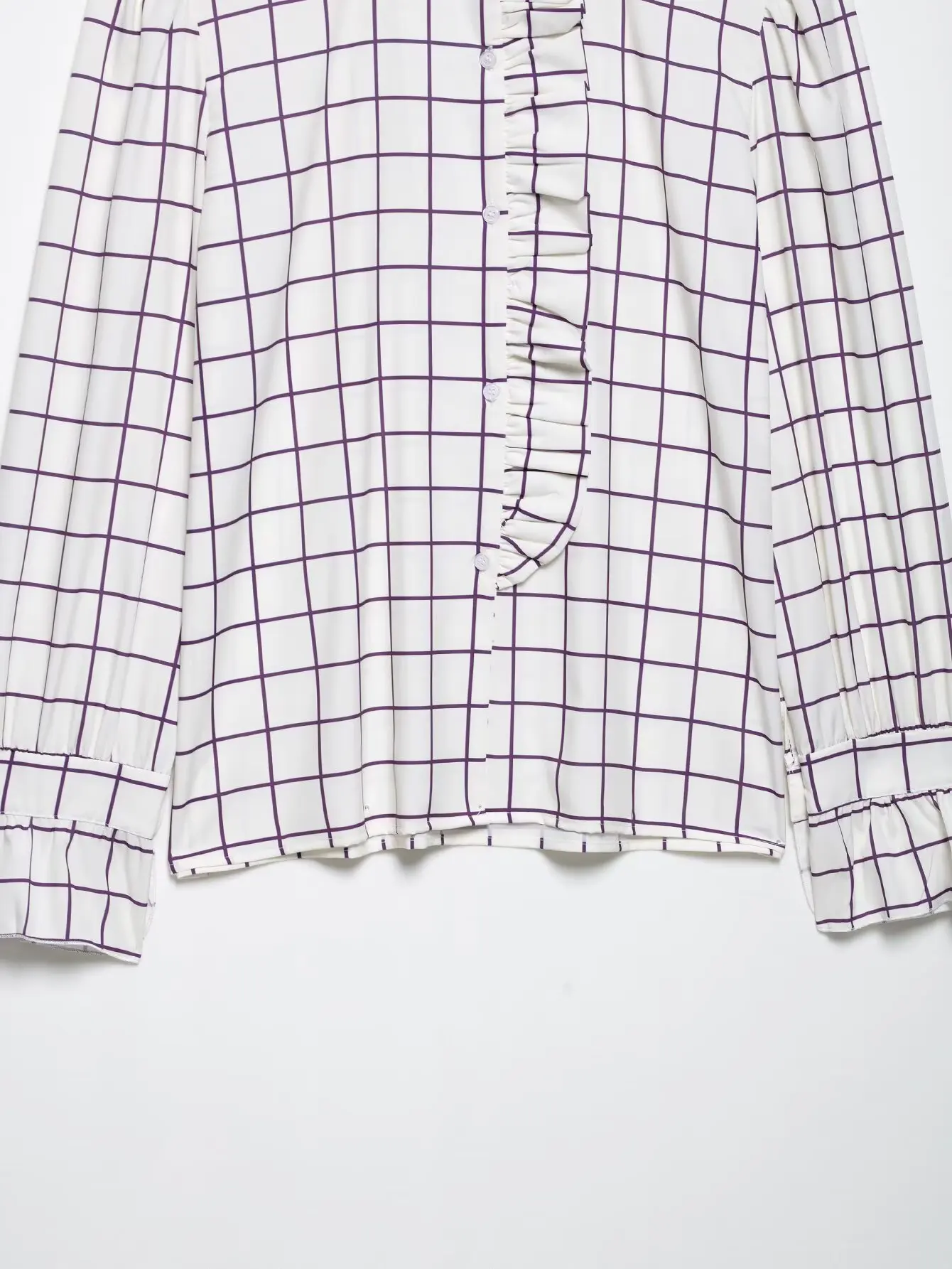 Sweet Women Ruffles Plaid Purple Shirts 2025 Fashion Ladies Casual Stand Collar Blouses for Party Female Elegant Tops Clothes