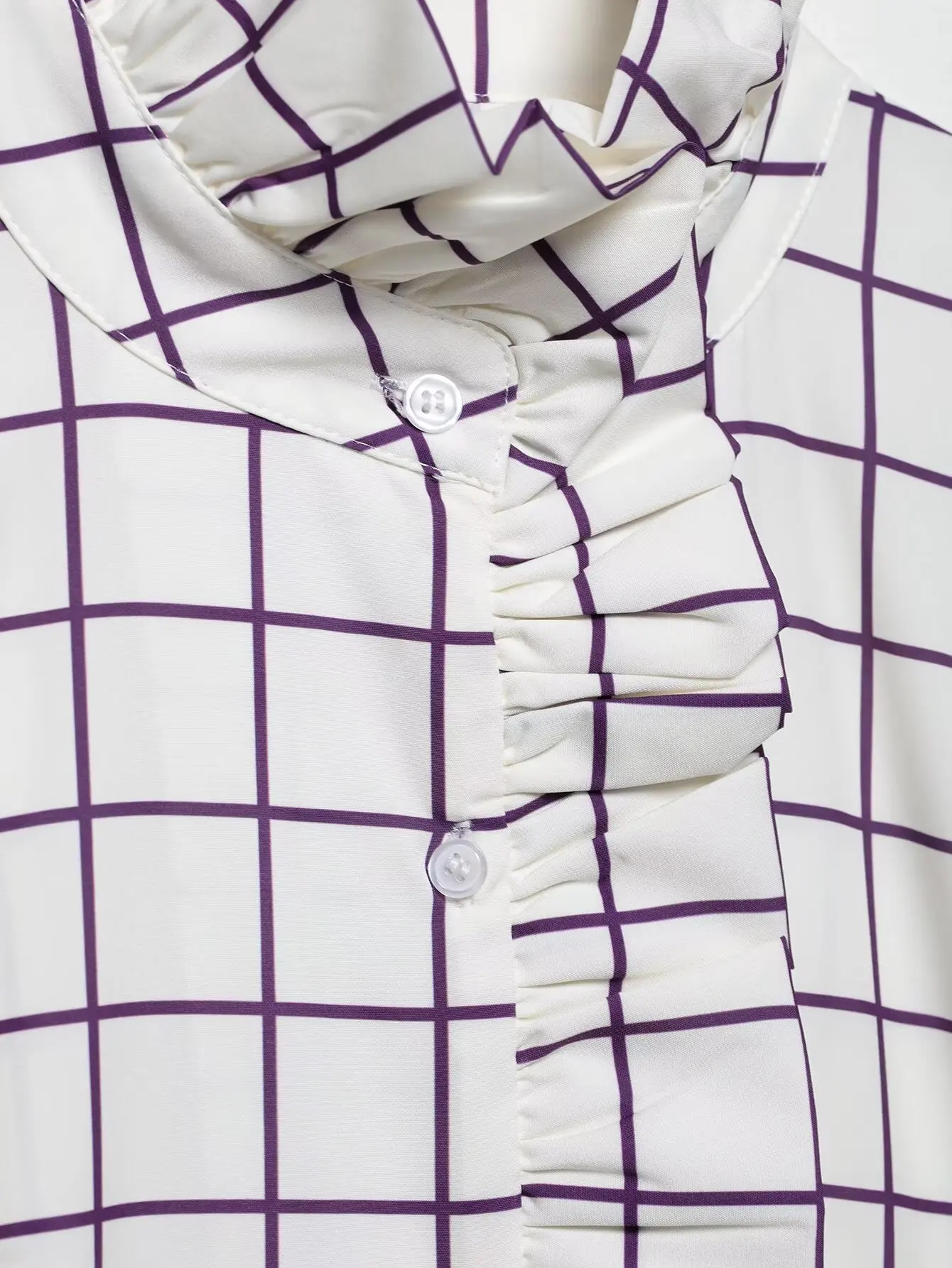 Sweet Women Ruffles Plaid Purple Shirts 2025 Fashion Ladies Casual Stand Collar Blouses for Party Female Elegant Tops Clothes