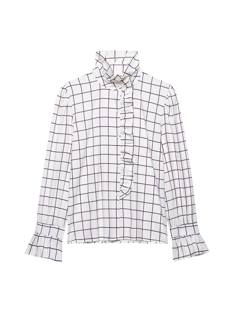 Sweet Women Ruffles Plaid Purple Shirts 2025 Fashion Ladies Casual Stand Collar Blouses for Party Female Elegant Tops Clothes