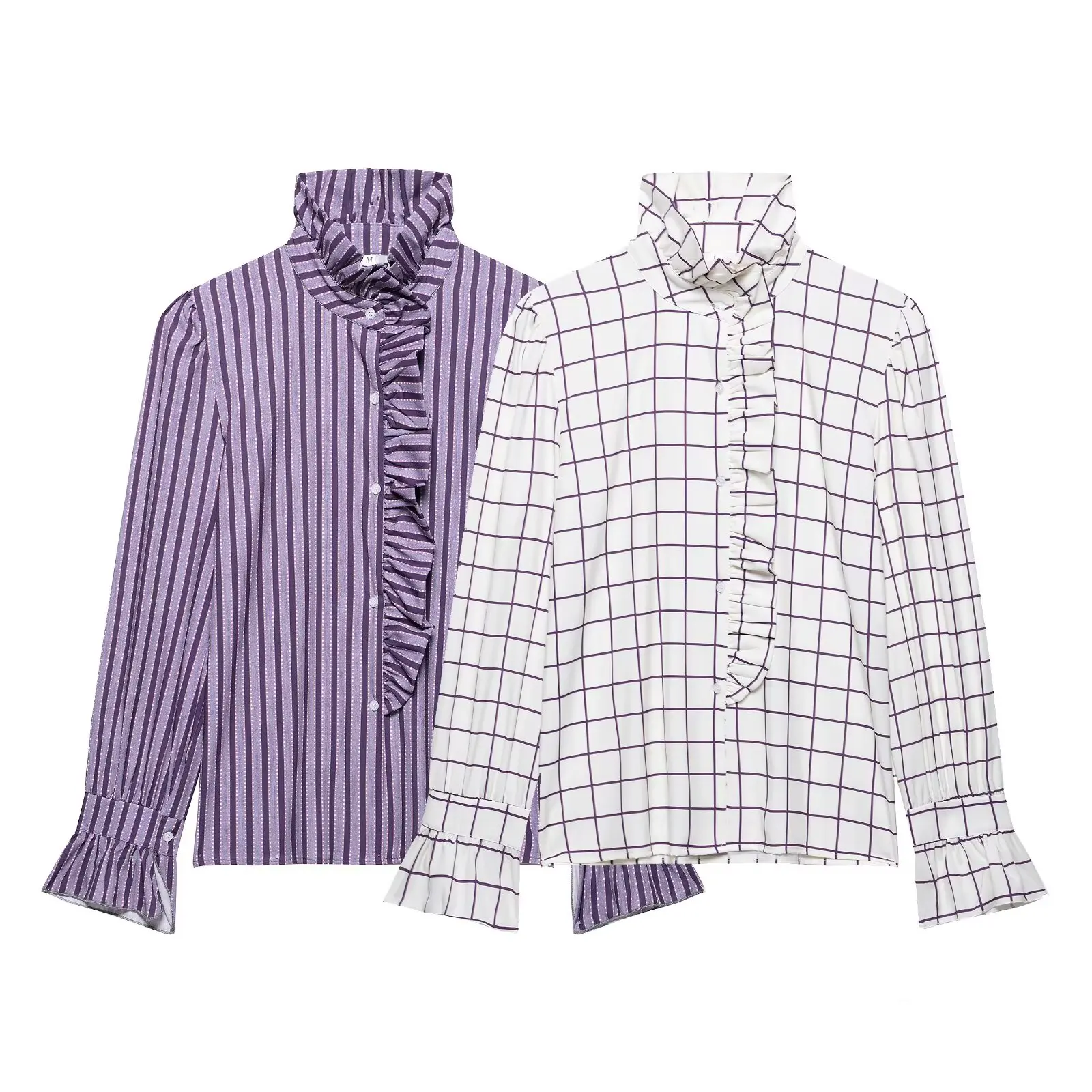 Sweet Women Ruffles Plaid Purple Shirts 2025 Fashion Ladies Casual Stand Collar Blouses for Party Female Elegant Tops Clothes