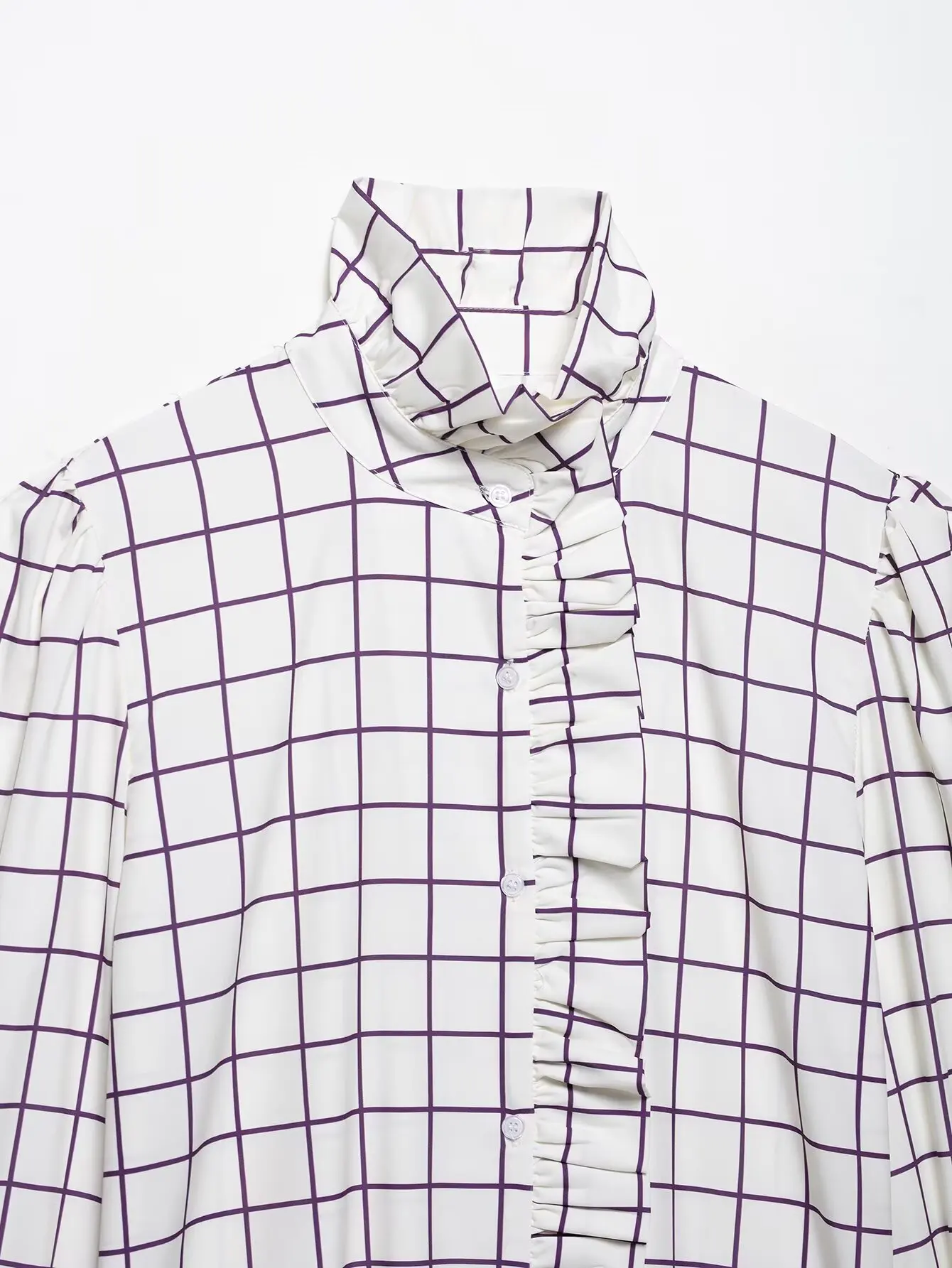 Sweet Women Ruffles Plaid Purple Shirts 2025 Fashion Ladies Casual Stand Collar Blouses for Party Female Elegant Tops Clothes